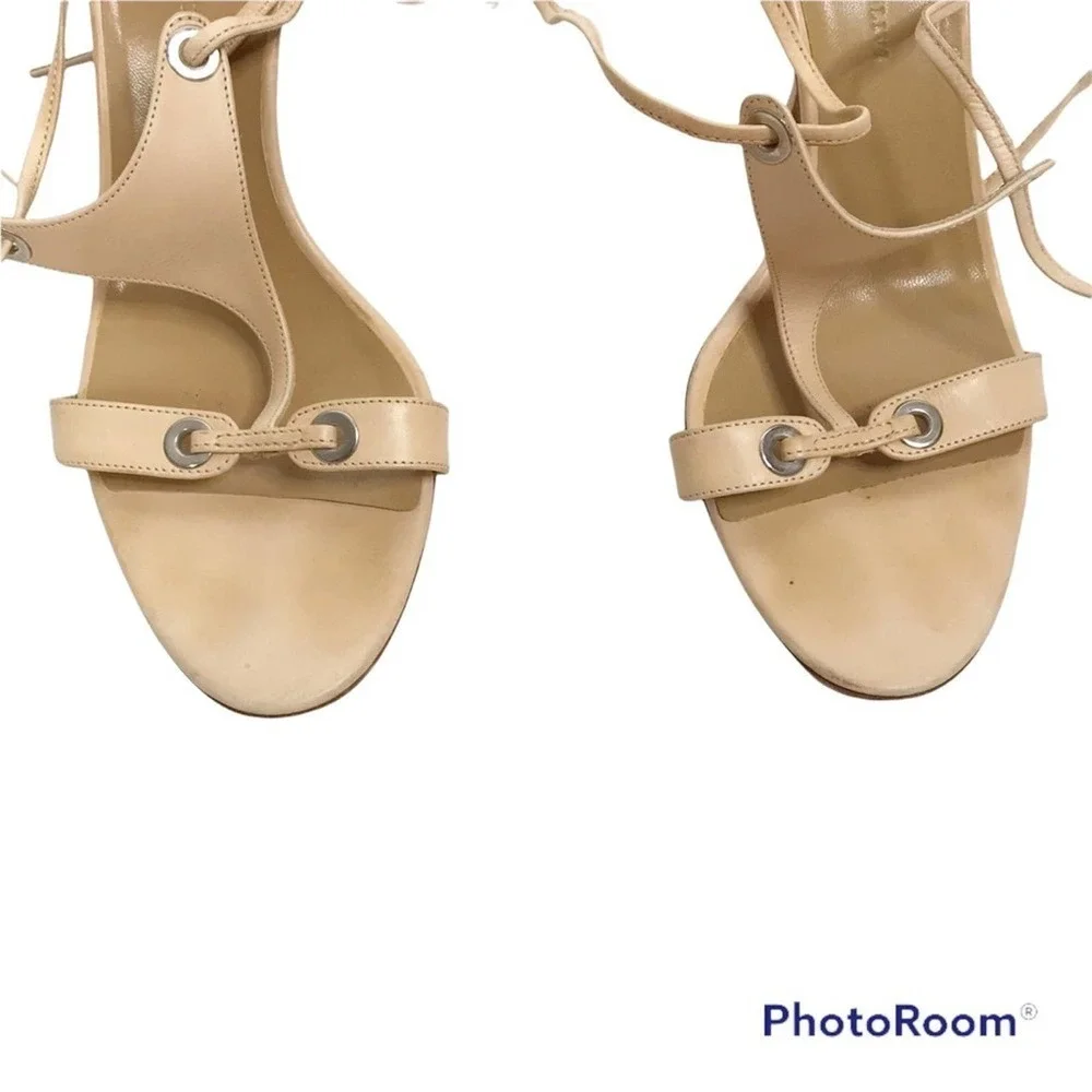 Borgo Degli Ulivi tan t strap harness self tie heels